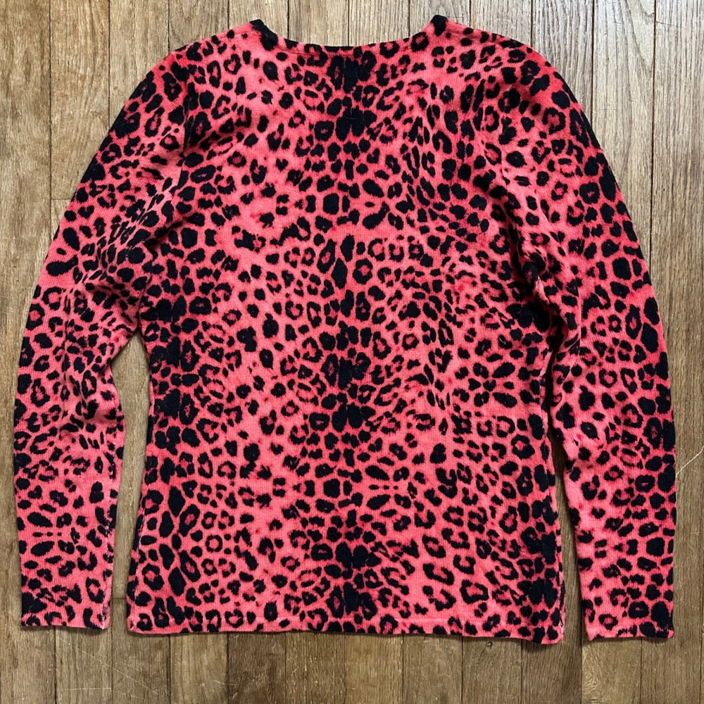 Neiman Marcus Cashmere Red Pink Black‎ Leopard Print Long Sleeve Sweater S - Picture 4 of 5